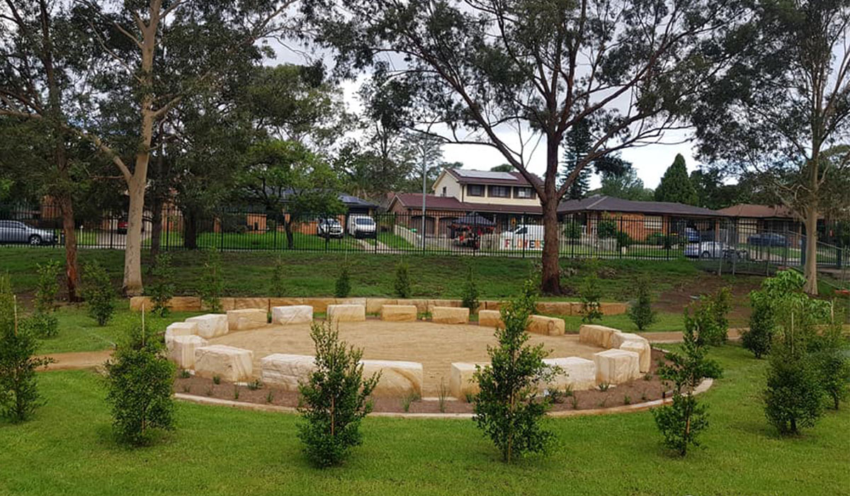 Thomas Reddall High School commercial landscape design and construction campbelltown nsw yarning circle, snadstone blocks