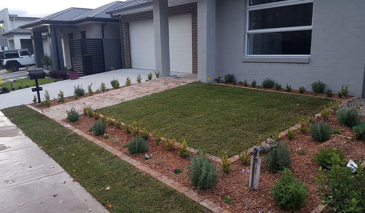 Denham Court landscaping Residential Project garden beds, turf laying, design and construction